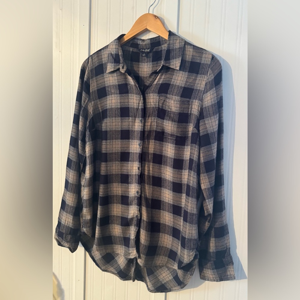Lucky Brand Navy and Gray Plaid Shirt | Small